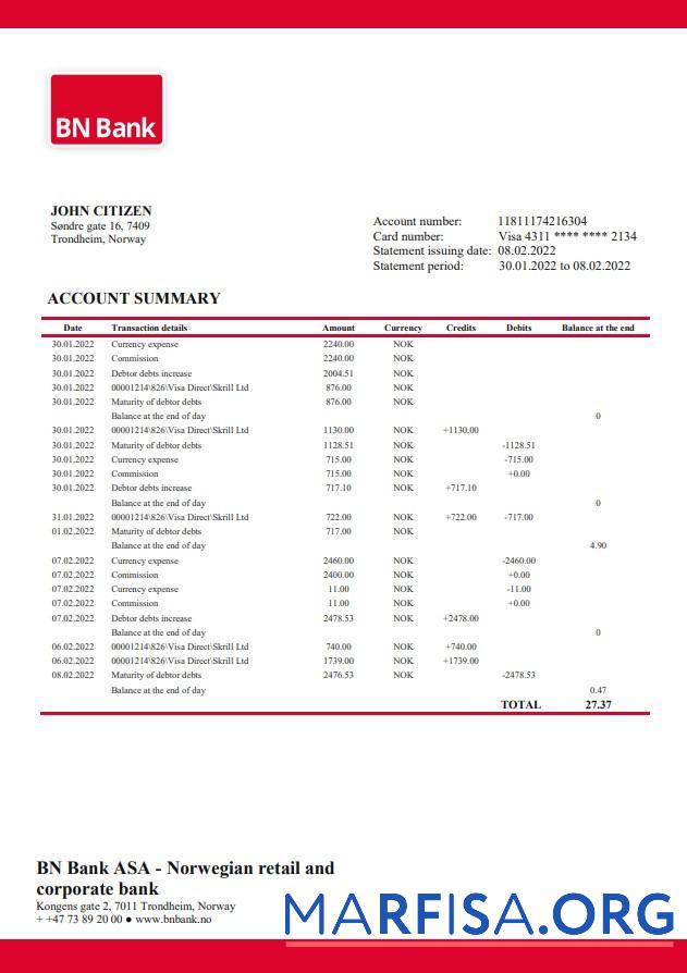 Blank Norway BN bank statement word download for verification